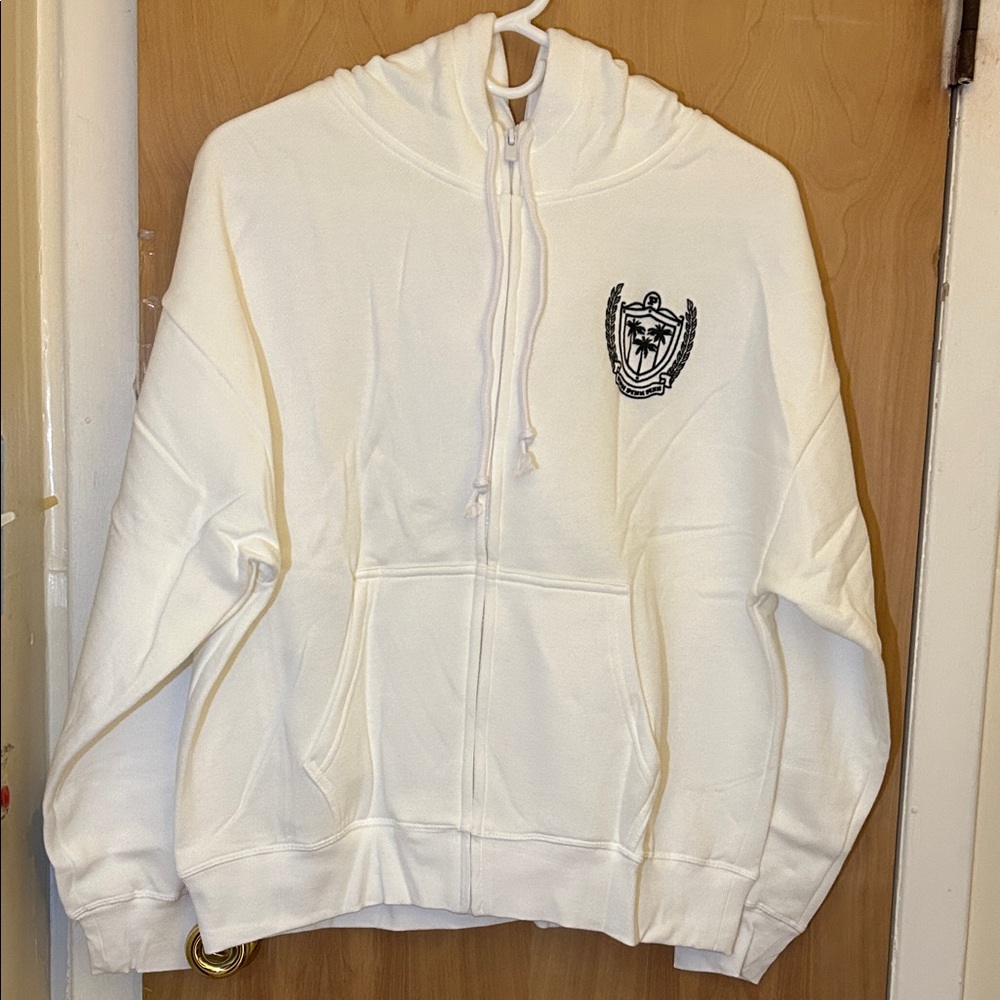 PINK Victoria's Secret White Zip-Up Hoodie with Embroidered Logo